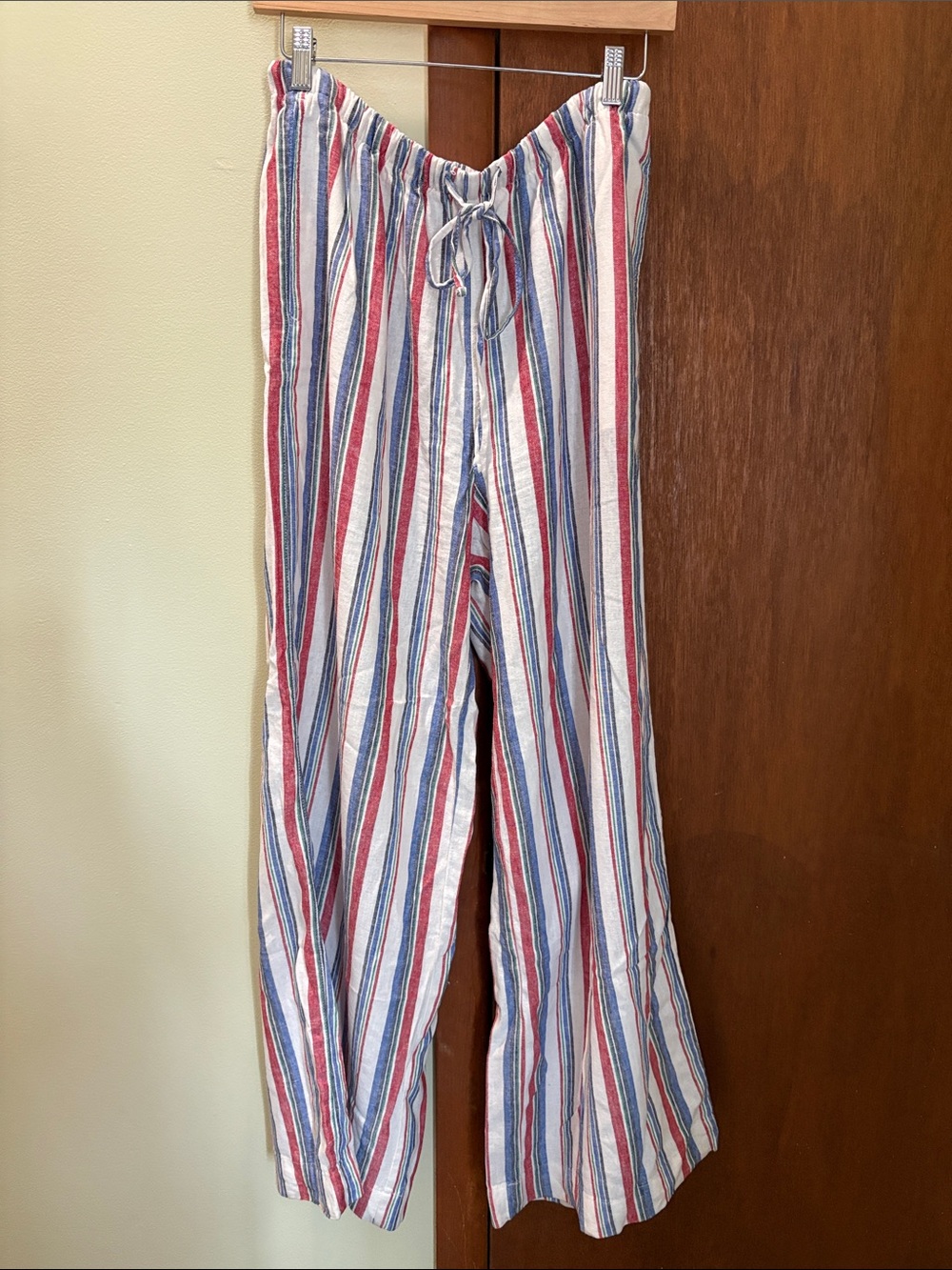 Striped Drawstring Wide-Leg Pants — Red, Blue, White, Green